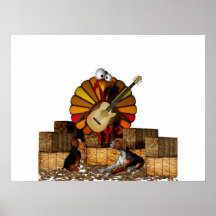 Cartoon turkey on hay with guitar and beagles posters