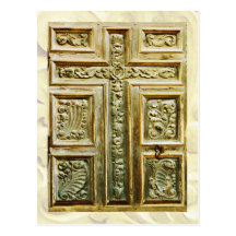 Carving of a cross on a church door, Texas Post Card