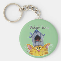 Cat and Bird House mobile home Keychains