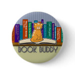 Cat and Books Button or Pin