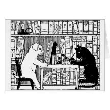 Cat and Dog in the Library Greeting Cards