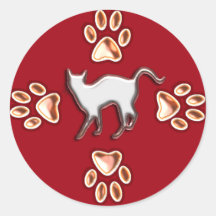 CAT AND PAWS ROUND STICKERS