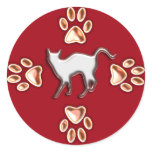 CAT AND PAWS ROUND STICKERS