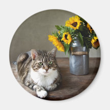 Cat and Sunflowers Refrigerator Magnet