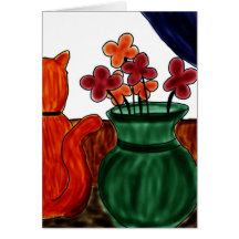 cat and vase flower greeting cards