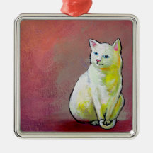 Cat art white kitty sitting for fun cute painting ornaments