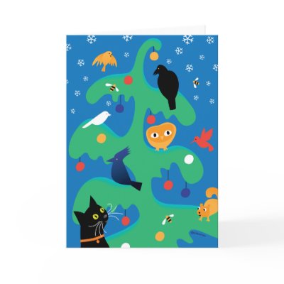 Cat Bird Christmas Tree Holiday Card by matissimojo