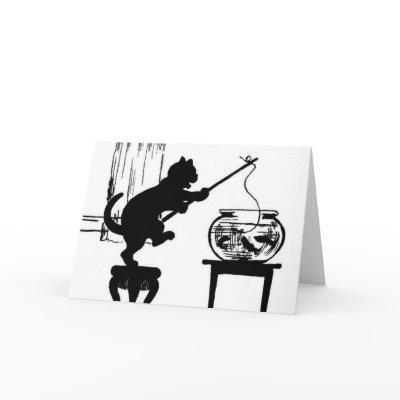 Cat Black/White Silhouette Fishing in Fish Bowl Cards by kimmyklassickorner