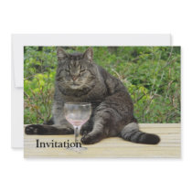Cat 'Bram' on the table with a wine glass Personalized Invite