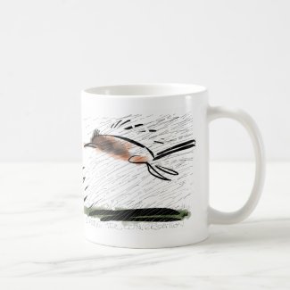 Cat fleeing barrage of lines. mugs