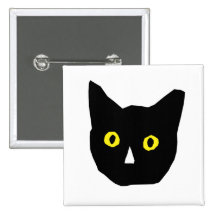 cat head black yellow eyes cartoon pinback buttons