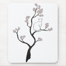 Cat in Cherry Blossom Tree Mouse Pad