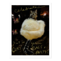 Cat in Fur Coat "Celebrate" postcard / blank