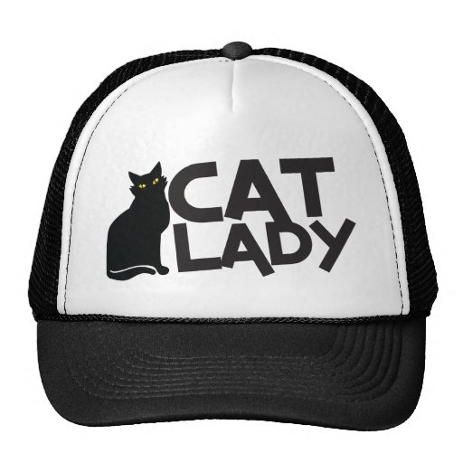 cat lady with slinky black cat yellow eyes trucker hats