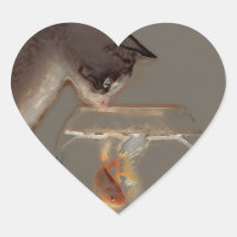 Cat Looking at Goldfish Bowl Heart Sticker