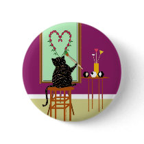 Cat Painting Roses Button