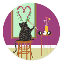 Cat Painting Roses Round Sticker