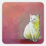 Cat painting white kitty sitting for fun cute art square sticker