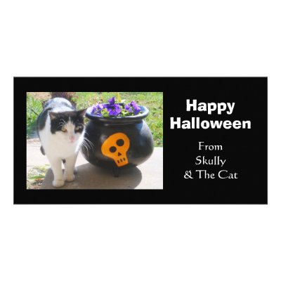 Cat & Pansies Halloween Picture Card by Victoreeah