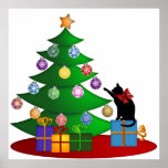Cat Playing by Christmas Tree Posters