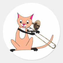 Cat Playing the Trombone Round Stickers