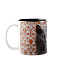 Cat (Russian blue) and wallpaper background Coffee Mugs