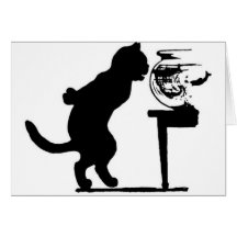 Cat Staring in Fish Bowl Black & White Silhouette Cards