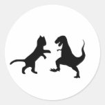 cat vs t-rex round sticker