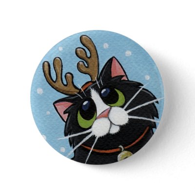 Cat Wearing Reindeer Antlers - Xmas Cat Art Button by LisaMarieArt