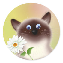 Cat With Flower Round Stickers