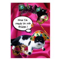 CAT WITH HARLEQUIN HAT AND MASQUERADE PARTY MASKS BUSINESS CARD TEMPLATE