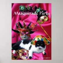 CAT WITH HARLEQUIN HAT AND MASQUERADE PARTY MASKS POSTERS