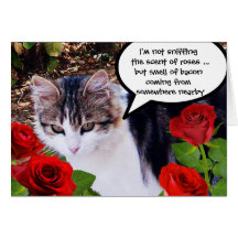 CAT WITH RED ROSES GREETING CARDS