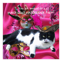 CAT WITH TRICORN HAT AND MASQUERADE PARTY MASKS PERSONALIZED ANNOUNCEMENT
