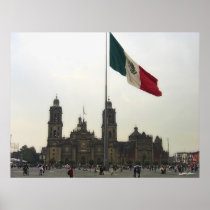 Catedral en el Zocalo del DF & la Bandera Mexicana Print