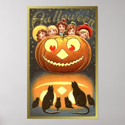 Cats Watching Kids and Pumpkin VIntage Halloween ( Print by vintagehalloween