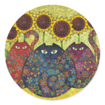cats with sunflowers round stickers