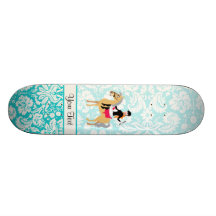 Cavalier turquoise de damassé planches à roulettes customisées
