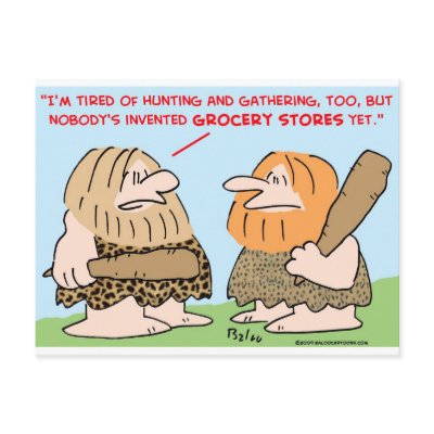 caveman invented grocery stores postcard by rexfmay