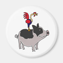 CC- Rooster on a Pot Bellied Pig Cartoon Magnets