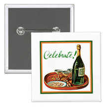 CELEBRATE! CHAMPAGNE VINTAGE PRINT PINBACK BUTTONS