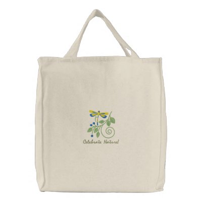 Celebrate Nature Embroidered Dragonfly Tote Bag by naturetees