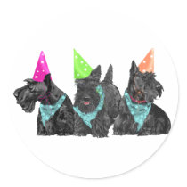 Celebration Scotties in Party Hats Round Stickers