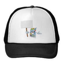 Cell phone cartoon character holding sign hat