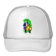 Cello Bass Orchestra Player Blue Suit Seated Hat