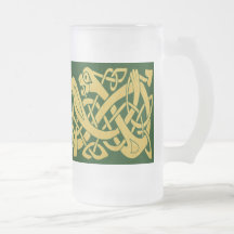 Celtic Golden Snake on Dark Green Frosted Glass Mug