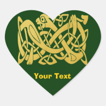 Celtic Golden Snake on Green Heart Shape Stickers