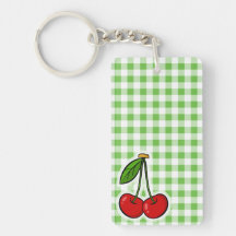 Cerises et guingan vert porte-clef