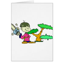 Chainsaw Holding Kid with Bonsai Graphic Image Greeting Card