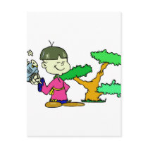 Chainsaw Holding Kid with Bonsai Graphic Image Post Card